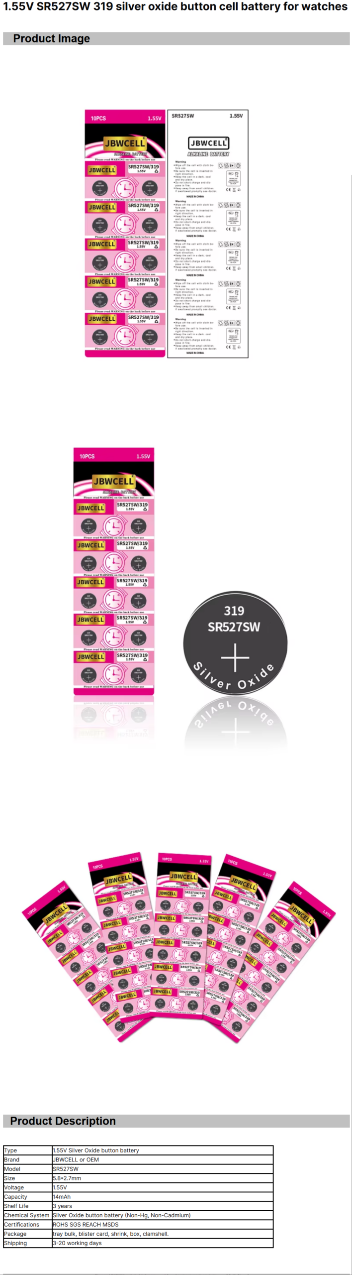 1.55V SR527SW 319 Silver Oxide Button Cell Battery for Watches
