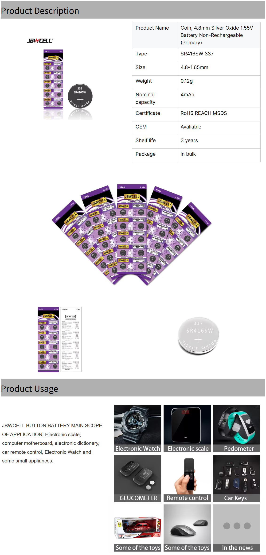 1.55V SR416SW 337 Silver Oxide Button Cell Battery for Smart Watches