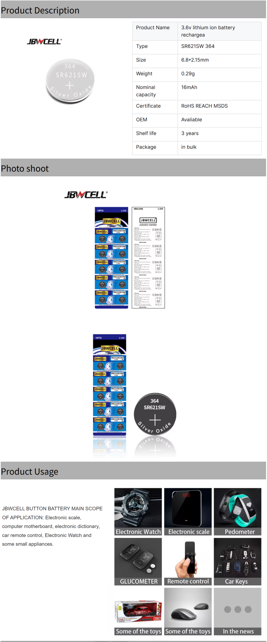 JBWCELL SR621SW 1.55V 364 Silver Oxide Lithium Button Cell Battery 6.8x2.15mm Watches Home Appliances Toys Consumer Electronics