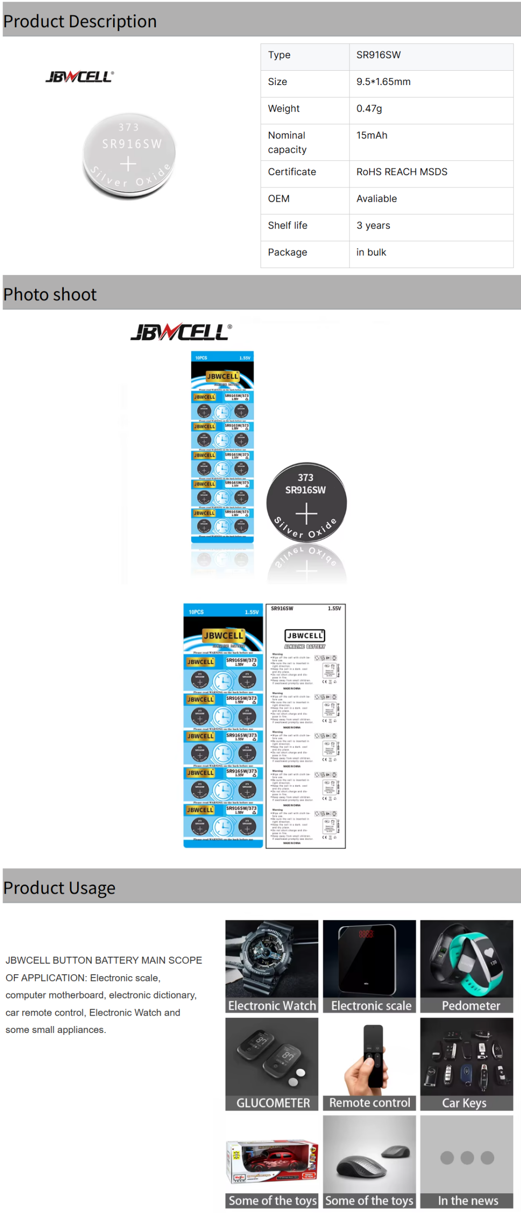 1.55V SR916SW 373 Silver Oxide Button Cell Battery for Watches