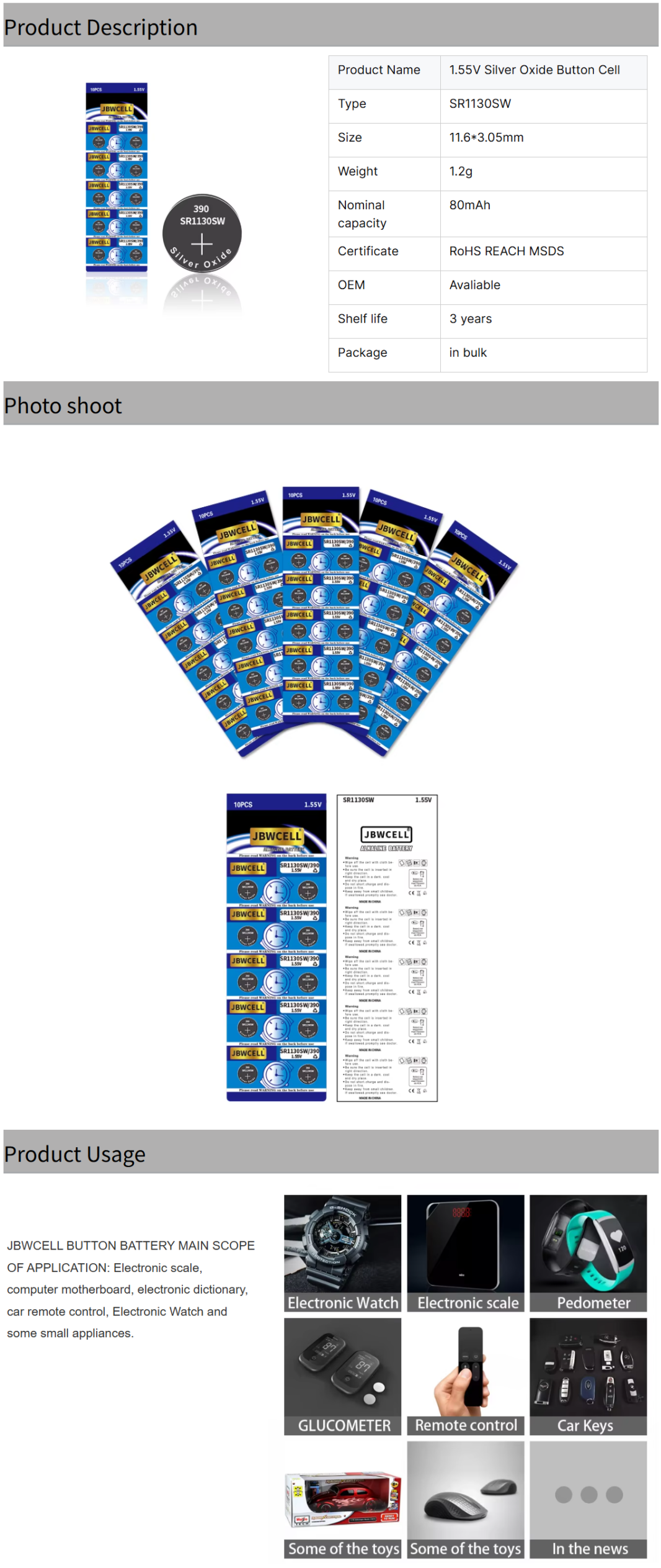 1.55V SR1130SW 390 Silver Oxide Button Cell Battery for Watches