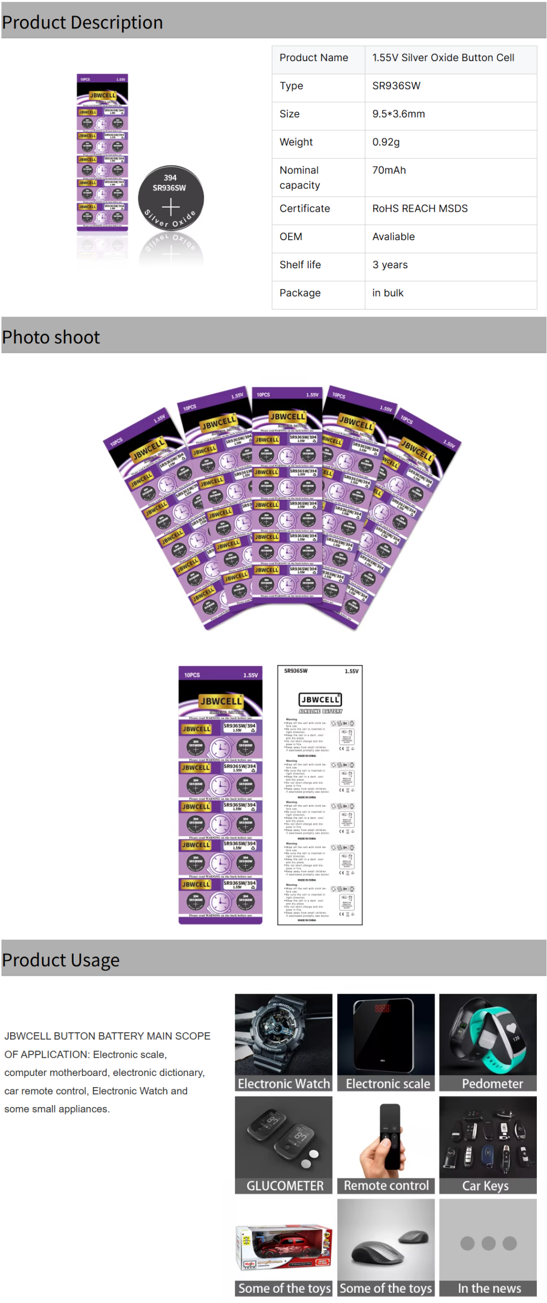 1.55V SR936SW 394 Silver Oxide Button Cell Battery for Watches