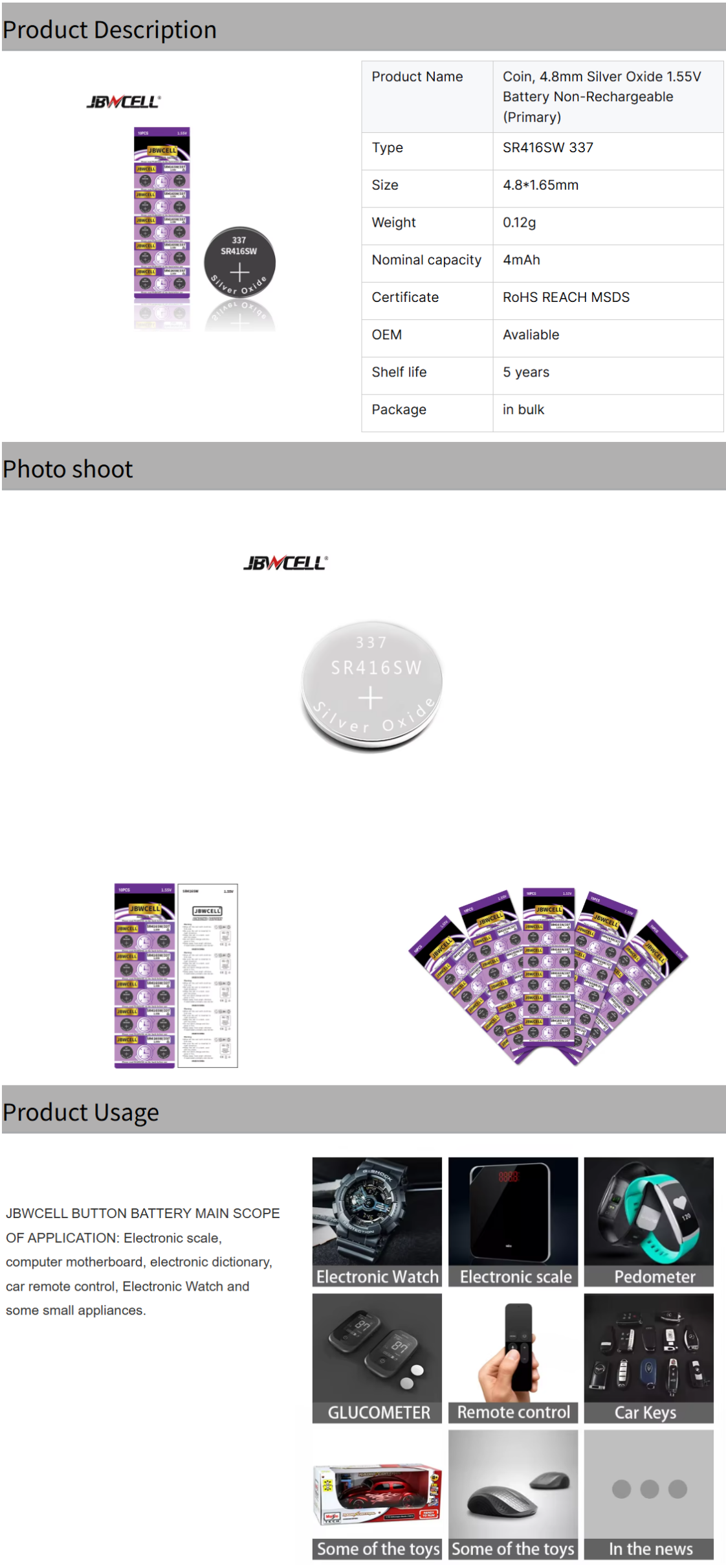 SR416SW 4.8MM Silver Oxide 1.55V 337 Lithium Battery Non-Rechargeable Primary Battery for Toys Home Consumer Electronics