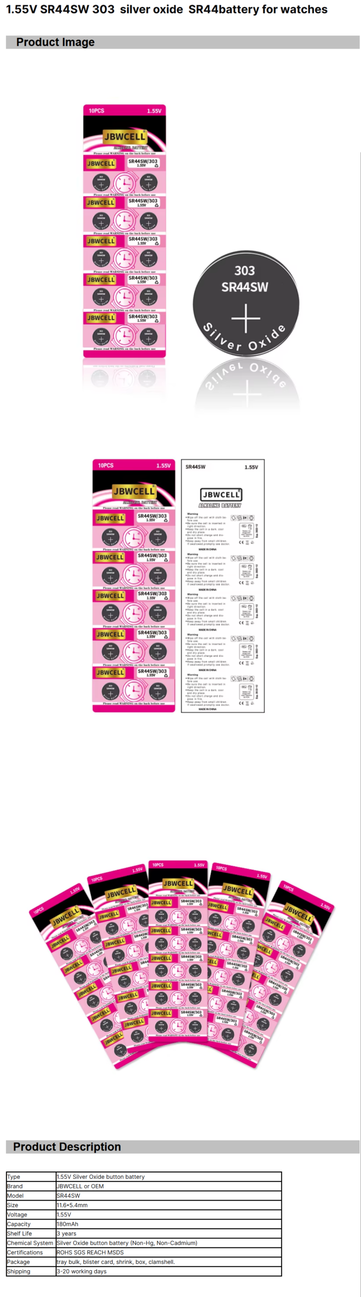 1.55V SR44SW 303 Silver Oxide SR44 Battery for Watches