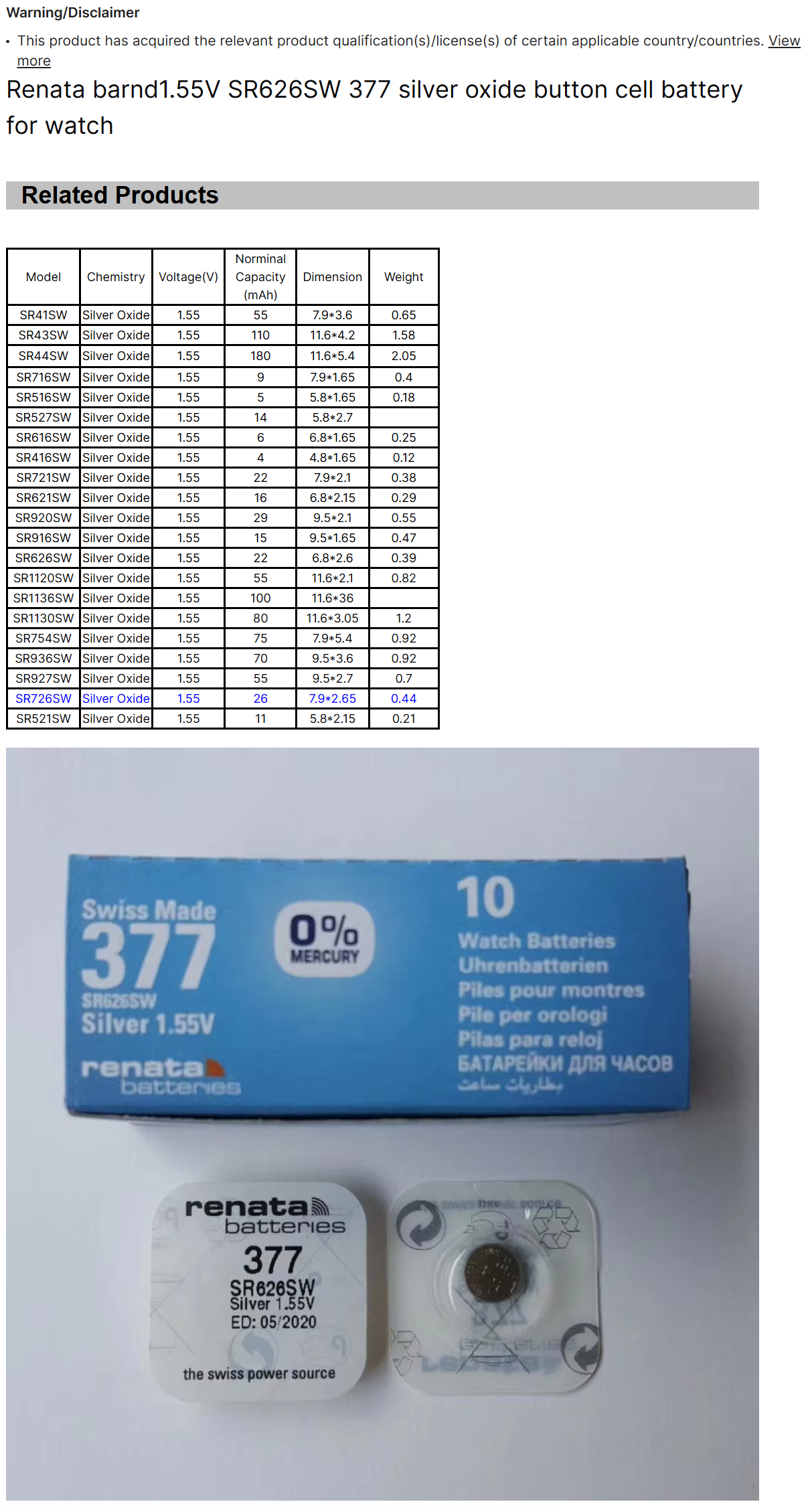 Renata Barnd1.55V SR626SW 377 Silver Oxide Lithium Button Cell Battery for Watches for Home Appliances Toys Consumer Electronics