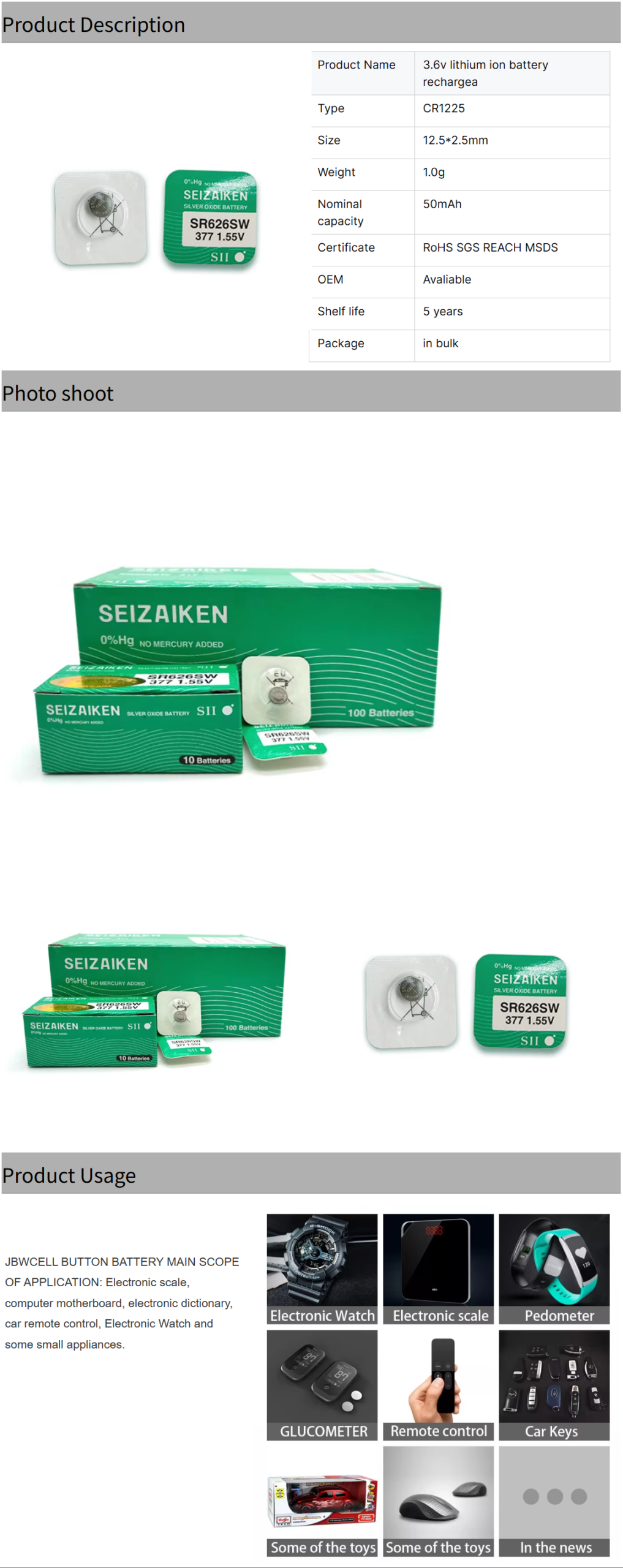 SR626SW 377 Silver Oxide Button Cell 1.55V Lithium Primary Batteries for Home Appliances Consumer Electronics Power Tools
