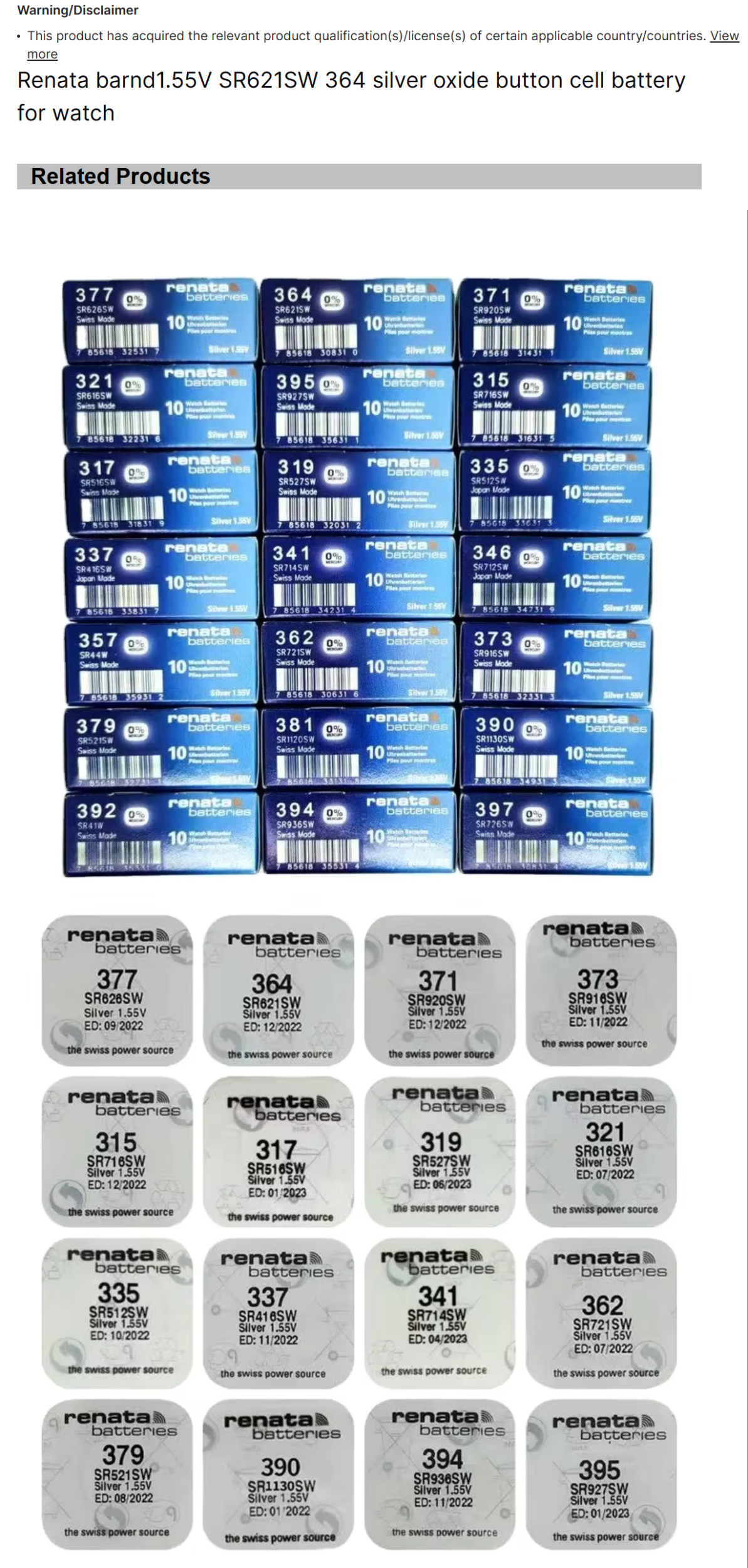 Renata Barnd1.55V 364 SR621 SR626 SW 364 367 Silver Oxide Lithium Button Cell for Watches Home Appliances Toys Power Tools