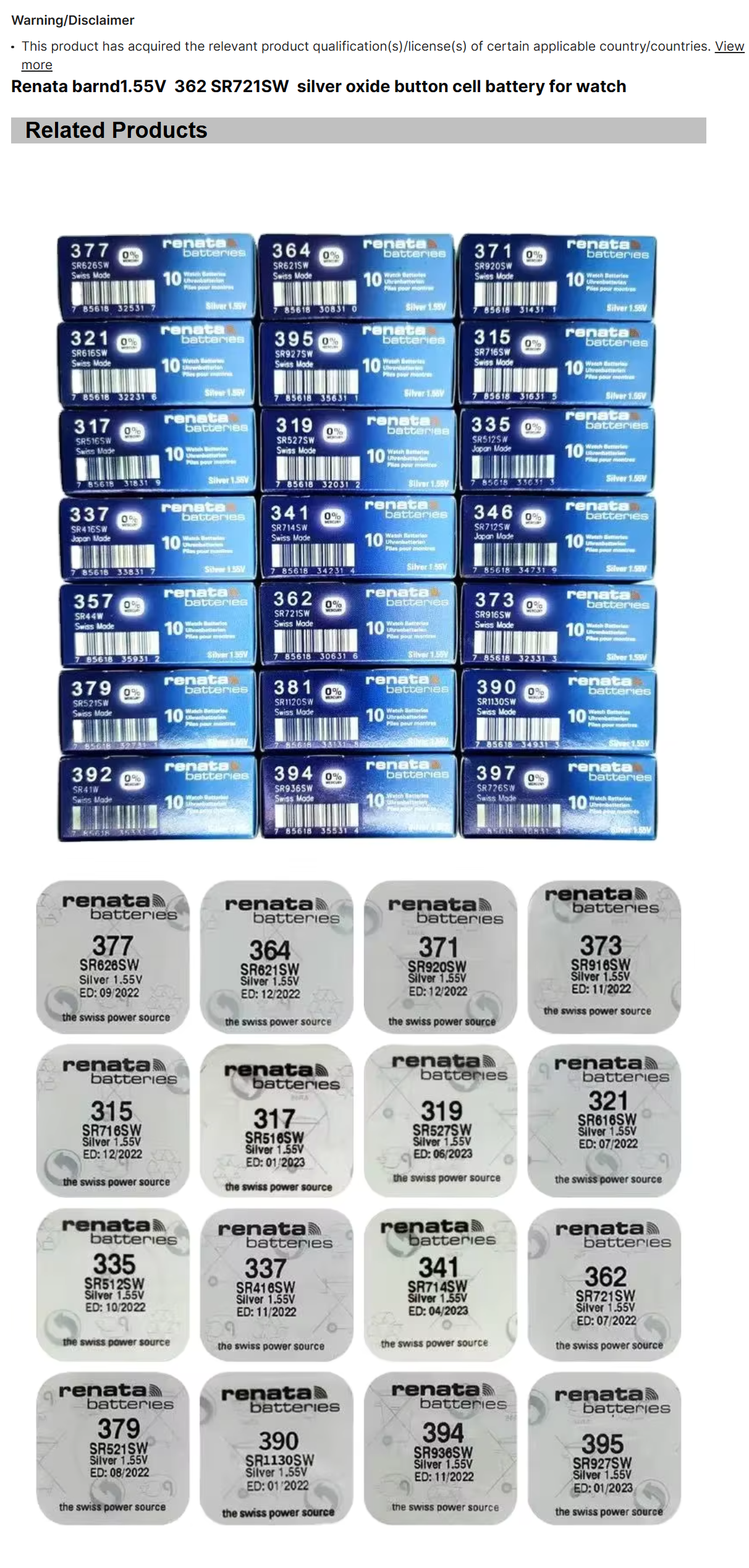 Renata Barnd1.55V 362 SR721SW Silver Oxide Lithium Button Cell Battery for Watches for Home Appliances Toys Consumer Electronics