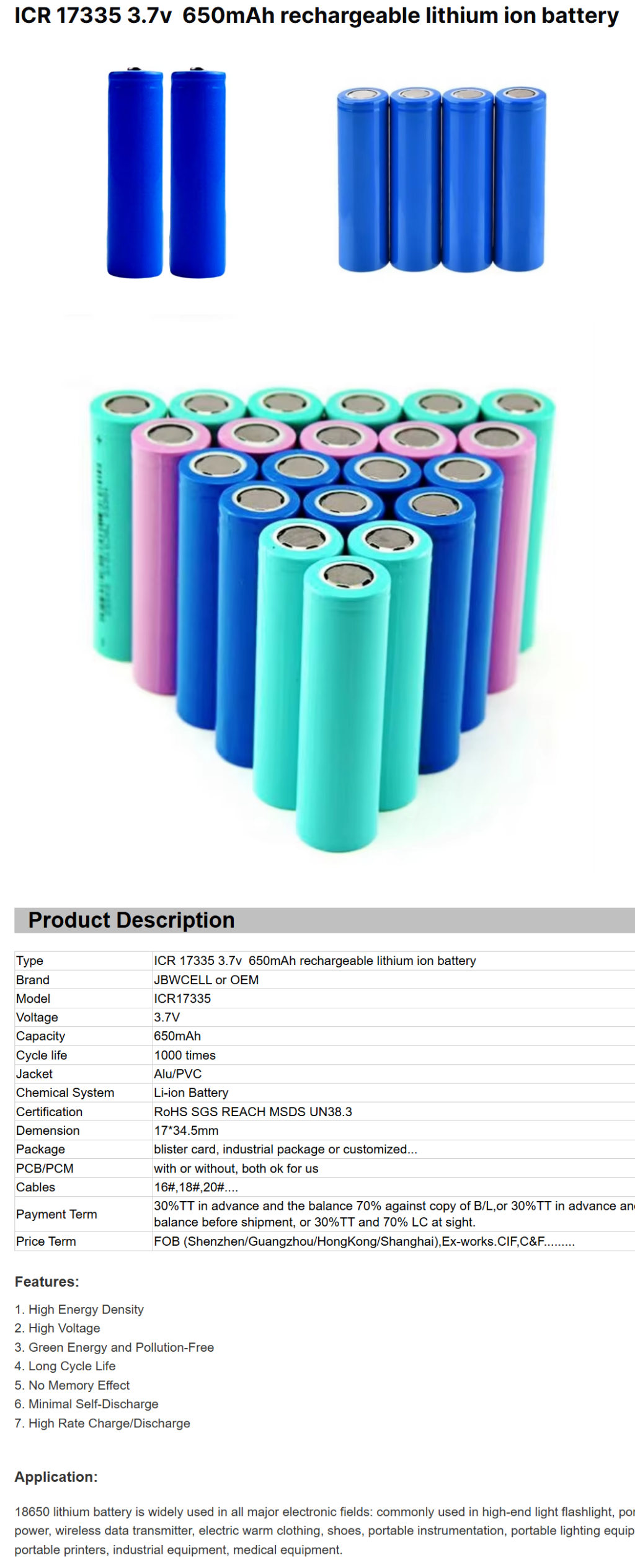 ICR 17335 3.7v 650mAh Rechargeable Lithium Ion Battery
