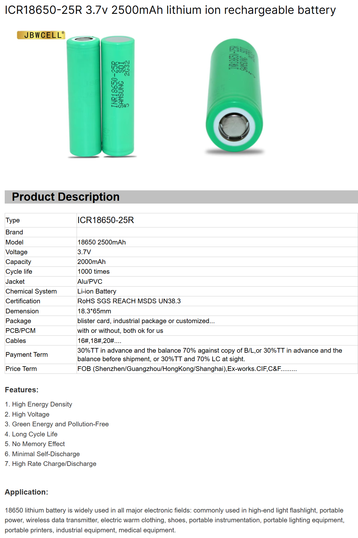 ICR18650 3.7v 2500mAh Lithium Ion Rechargeable Battery
