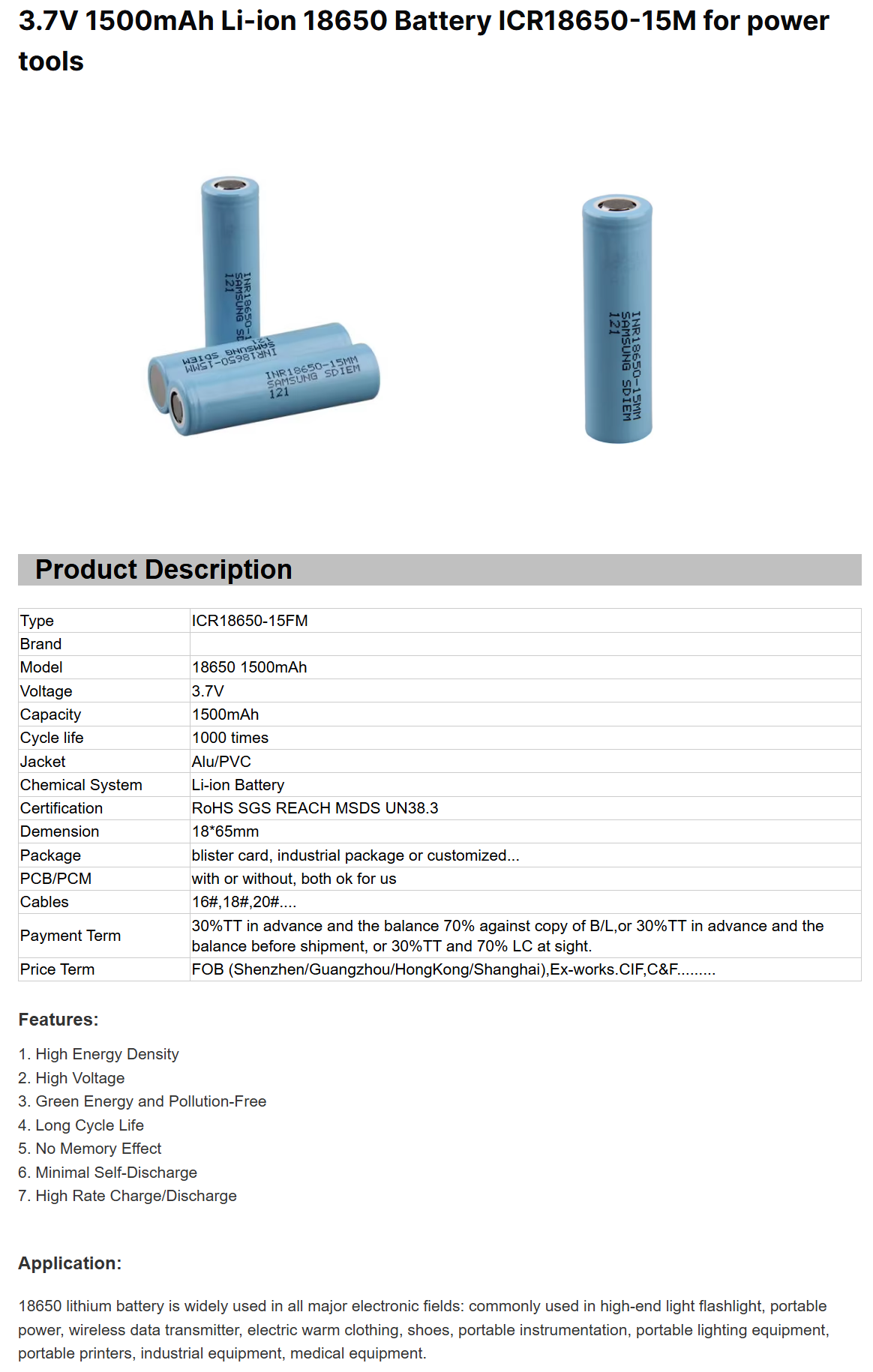 3.7V 1500mAh Li-ion 18650 Battery ICR18650-26FM LiCoO2 Cathode 1000 Cycles for Power Tools