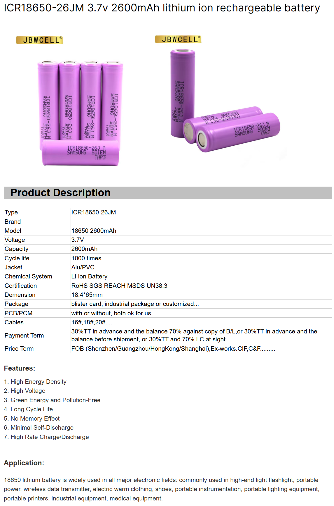 3.7V 2600mAh ICR18650 Cylindrical Li-ion 18650 Battery
