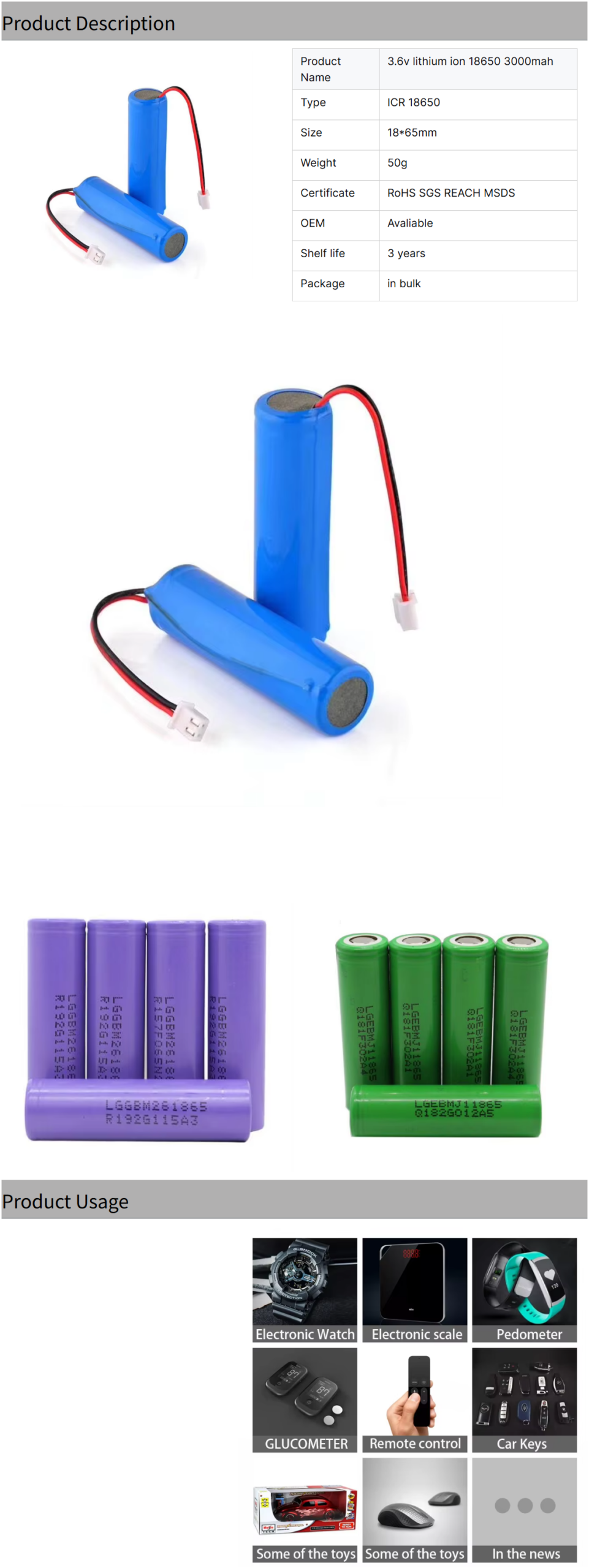 3.6v LI-Ion 3000mah ICR18650 Battery Pack for Power Tools
