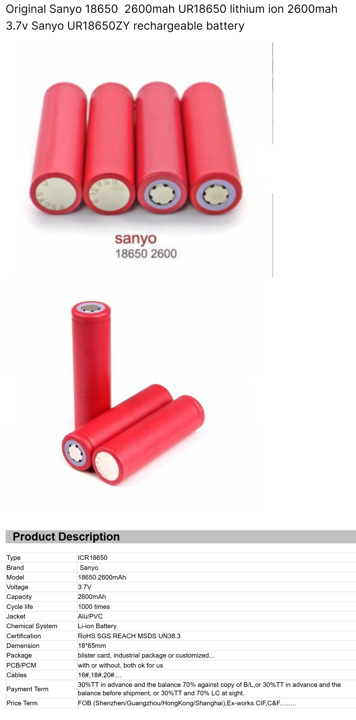 Original Sanyo 18650 2600mah UR18650 Lithium Ion 2600mah 3.7v Sanyo UR18650ZY Rechargeable Battery
