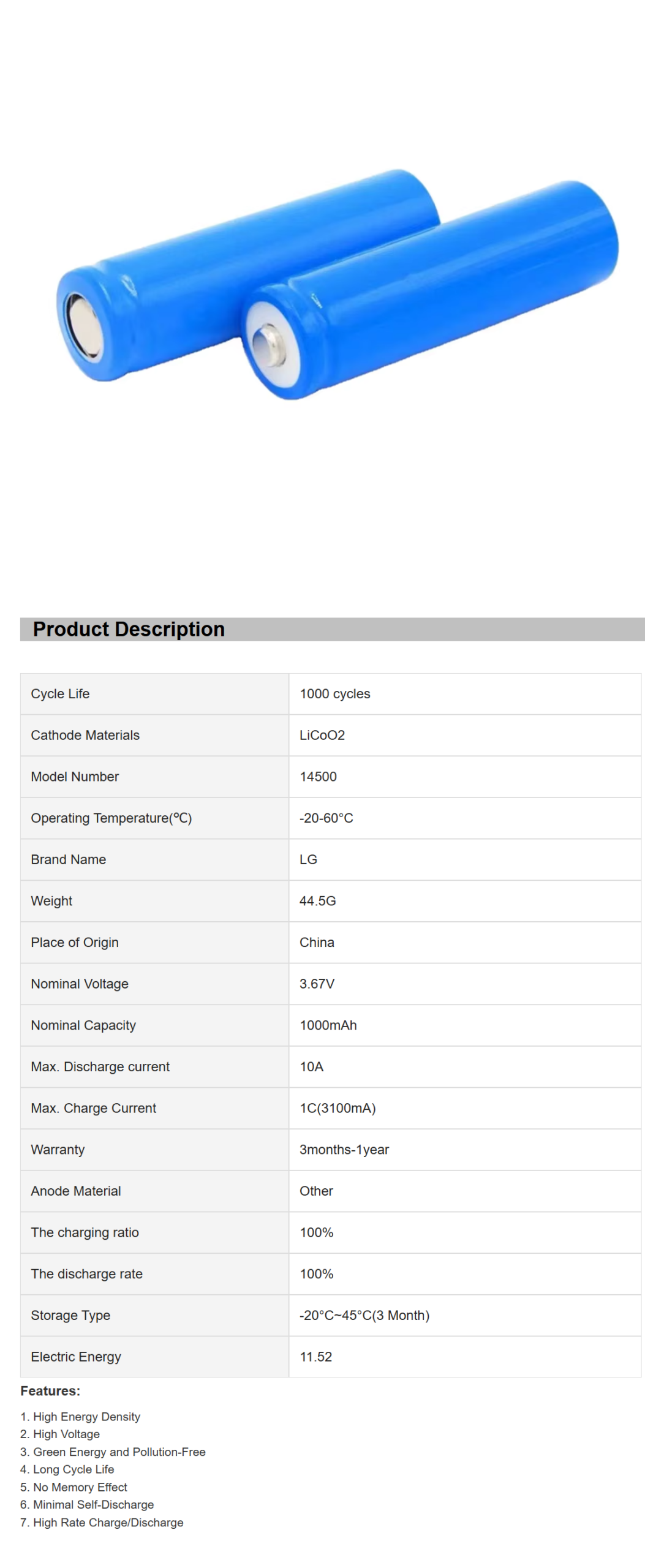 ICR 14500 800 MAH 1000 Mah Rechargeable Cylindrical Lithium Ion Battery