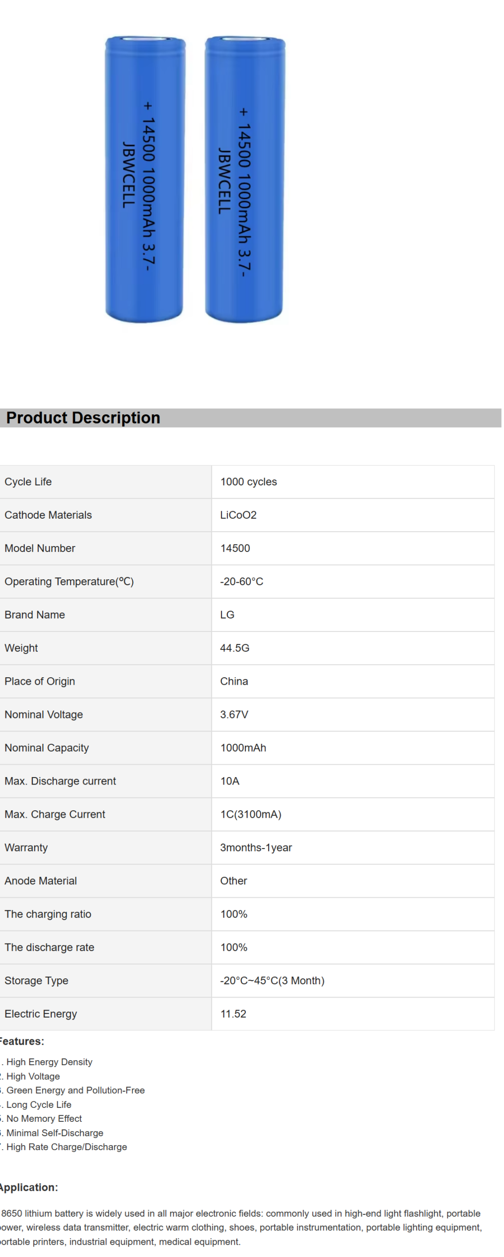 JBWCELL ICR14500 800 MAH 1000 Mah Rechargeable Cylindrical Solid State Battery with 1000 Cycles
