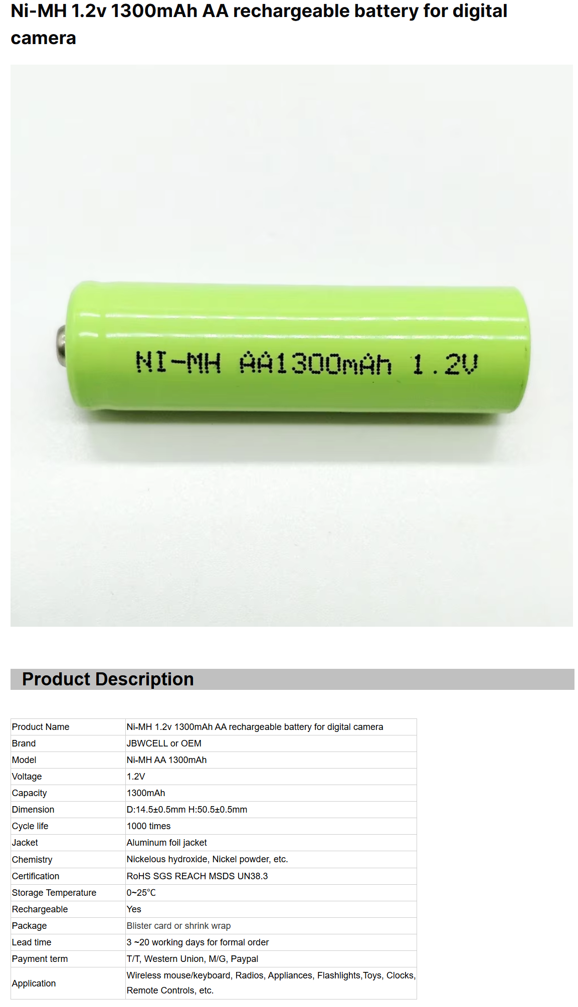 1.2v 1300mAh AA Ni-MH Rechargeable Battery for Digital Camera and Toys