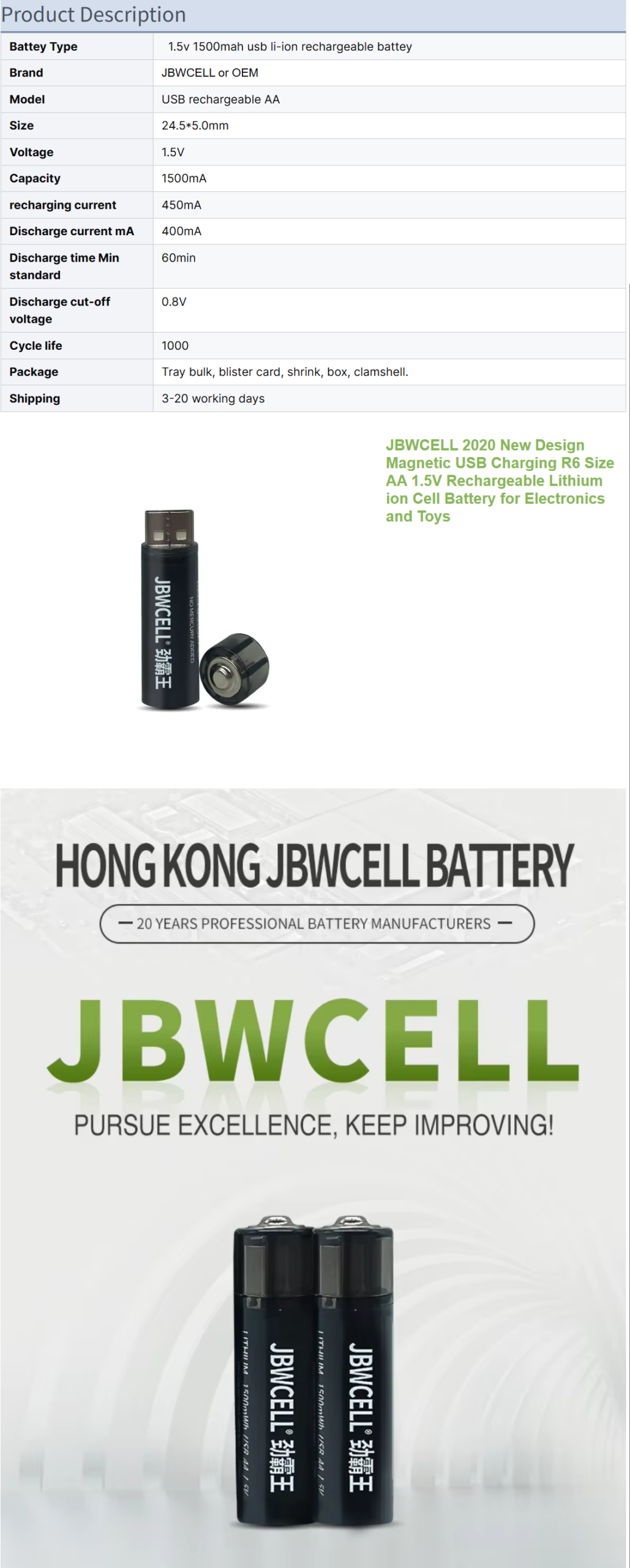 Hot Selling JBWCELL USB Rechargeable Batteries 1.5v Rechargeable Lithium Ion AA Battery Lithium Rechargeable Batteries