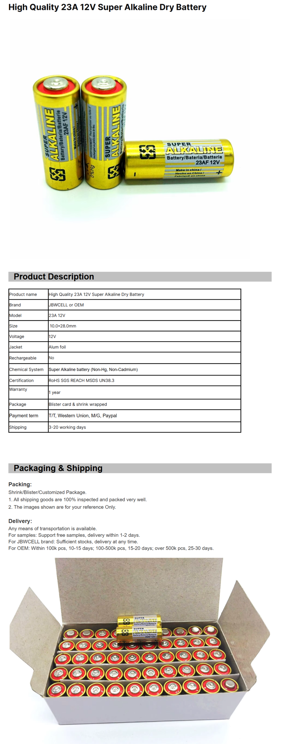 Super Alkaline 23A 12V Dry Battery High Quality for Toys Remote Control Home Appliances Consumer Electronics Power Tools
