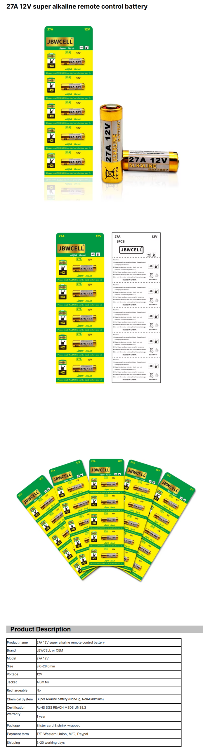 27A 12V Super Alkaline Remote Control Battery
