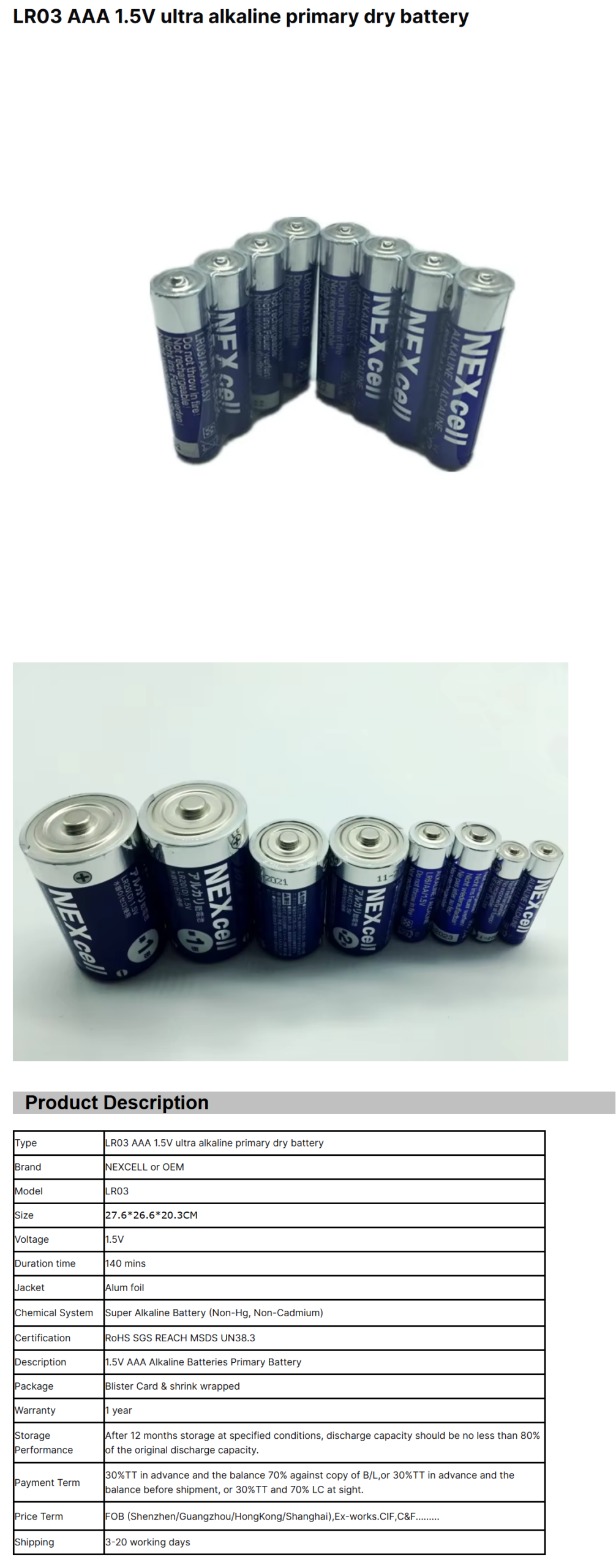 AAA Alkaline Battery 1.5V Alkaline Battery LR03