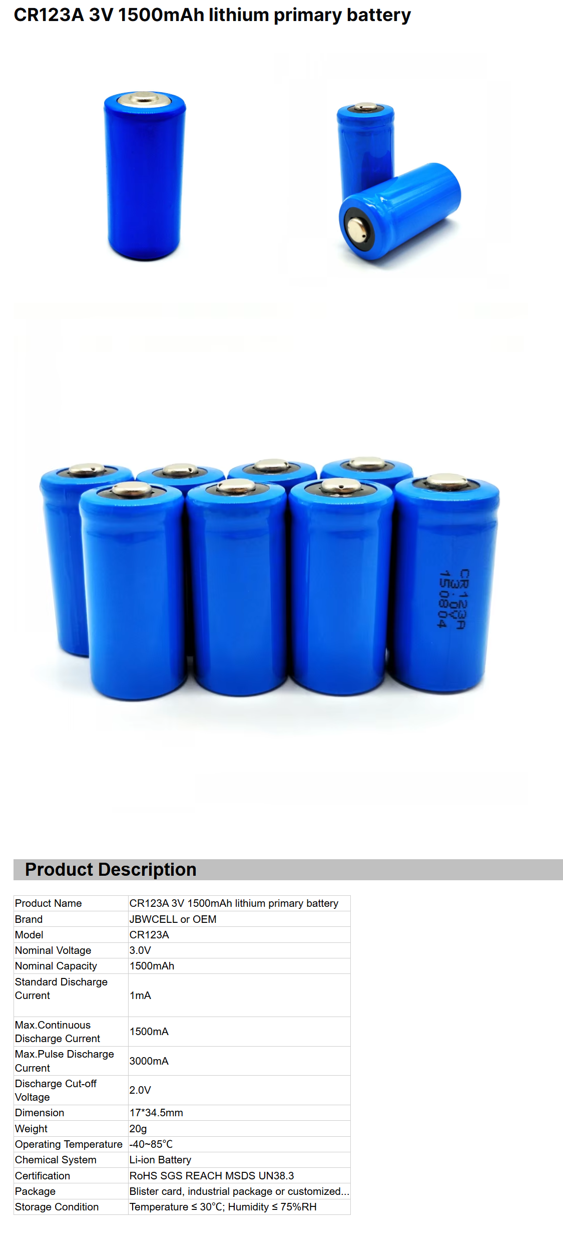 CR123A CR2 3V 1500mAh Lithium Primary Battery for Toys Remote Controls Home Appliances Consumer Electronics
