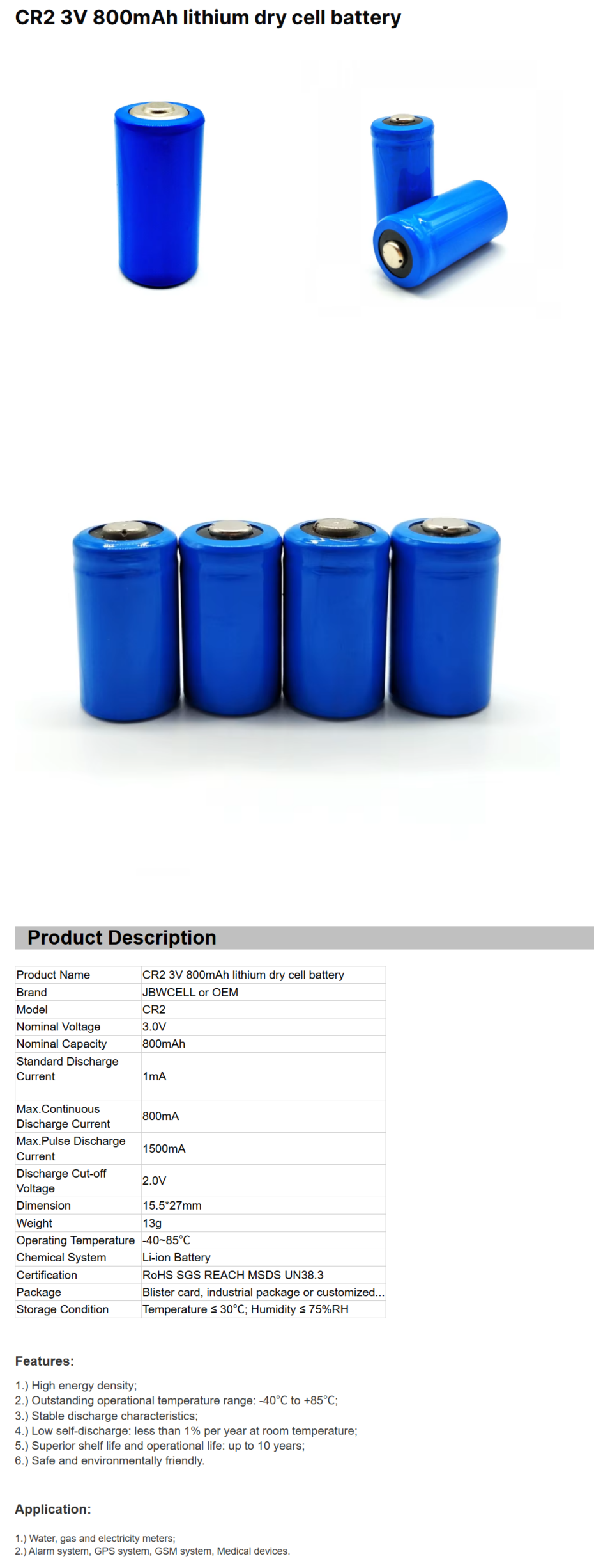 CR2 3V 800mAh Lithium Dry Cell Battery
