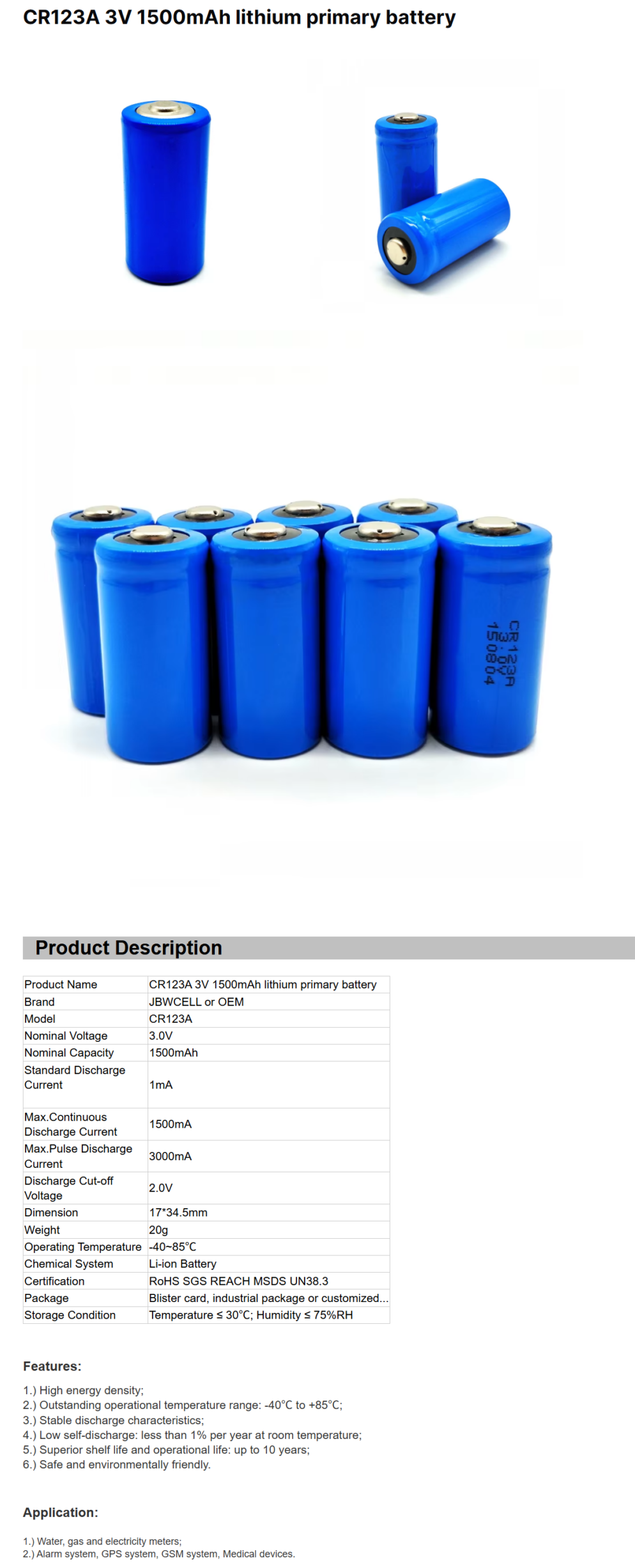 CR123A 3V 1500mAh lithium primary battery
