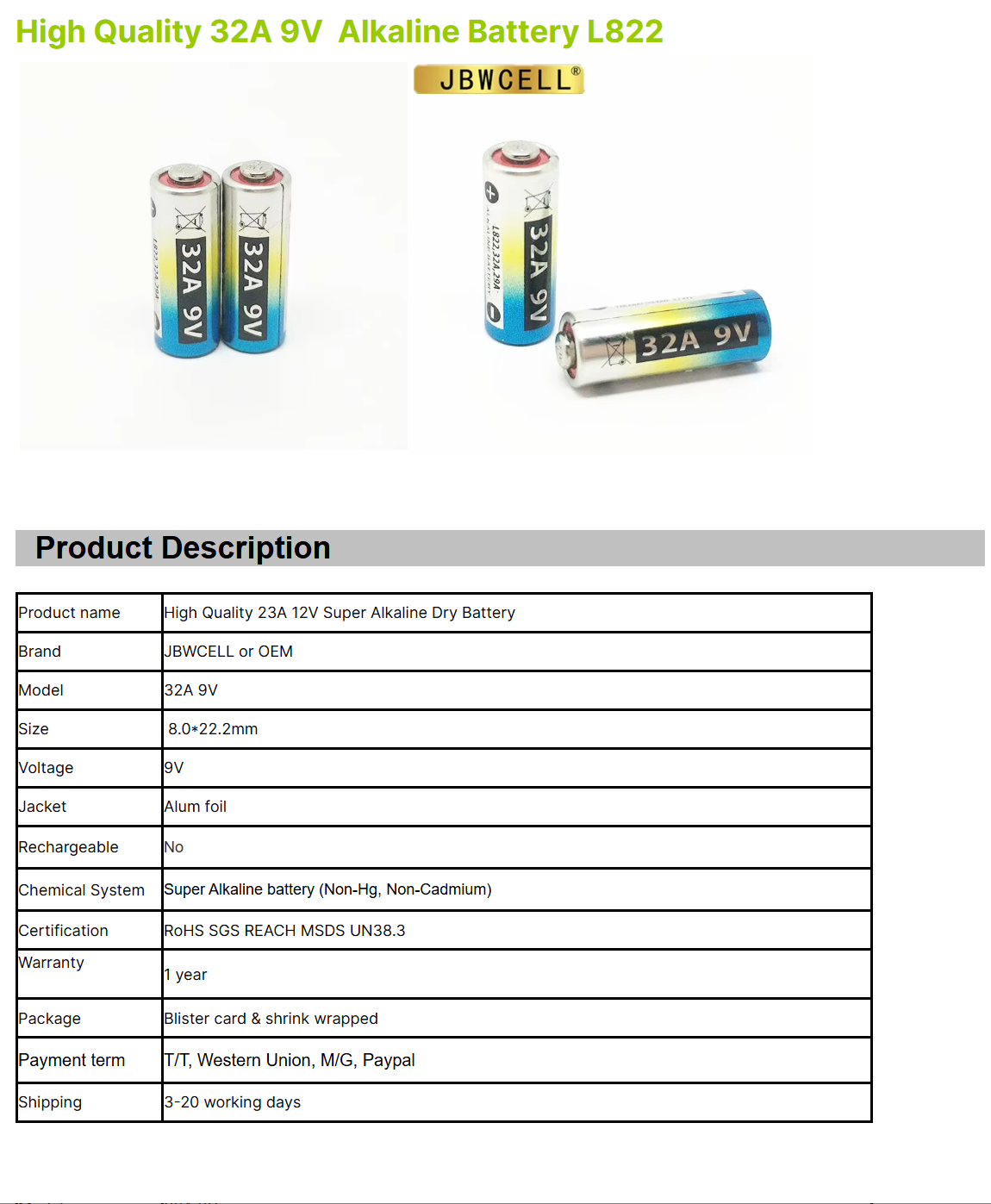 High Quality 32A 9V Alkaline Battery