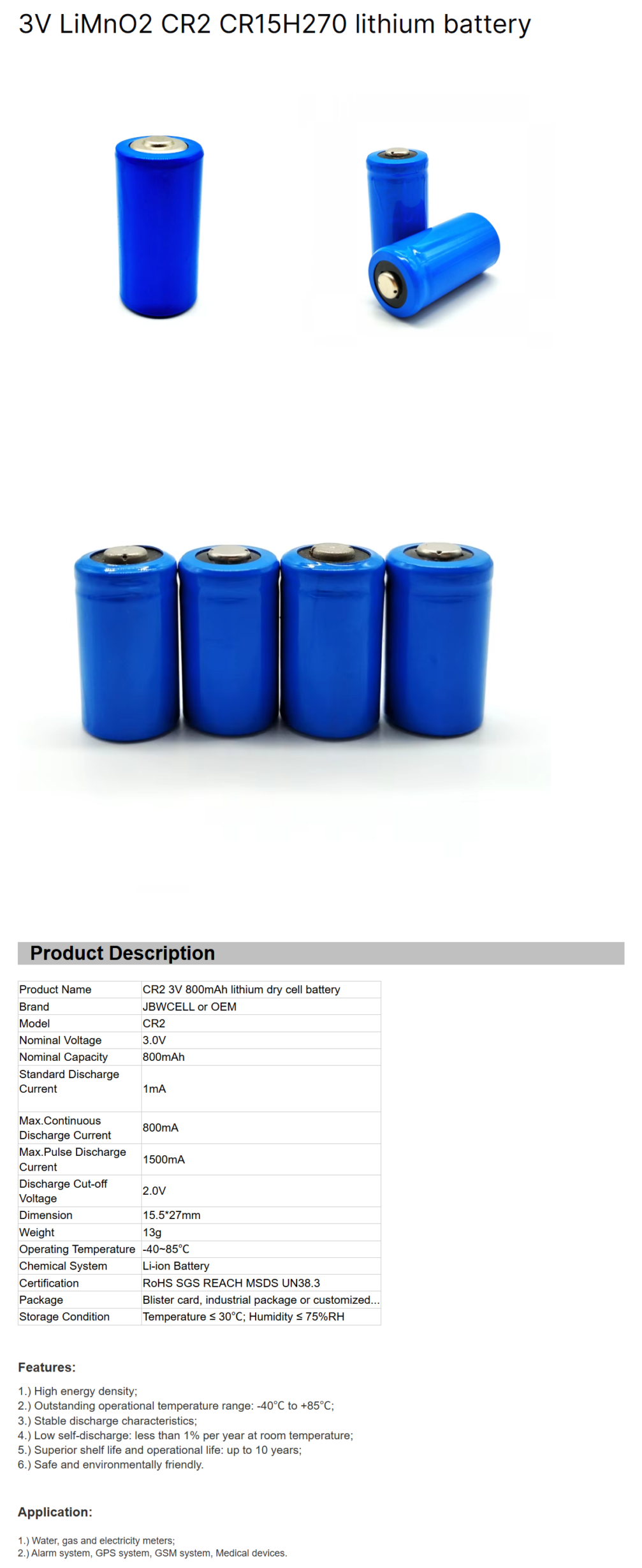 3V LiMnO2 CR2 CR15H270 Lithium Battery 2CR1/3N CR123A Battery