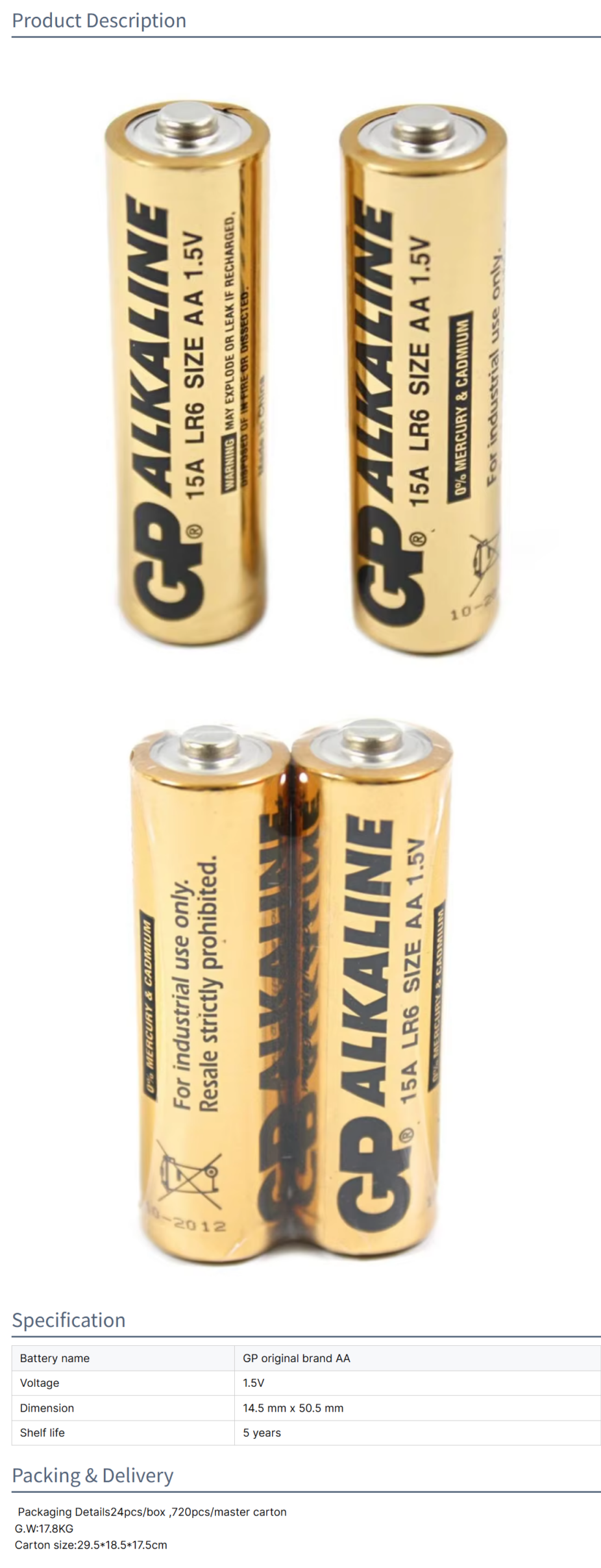 GP LR6 AA 1.5V Ultra Alkaline Primary Dry Battery for Home Appliances Toys and Power Tools
