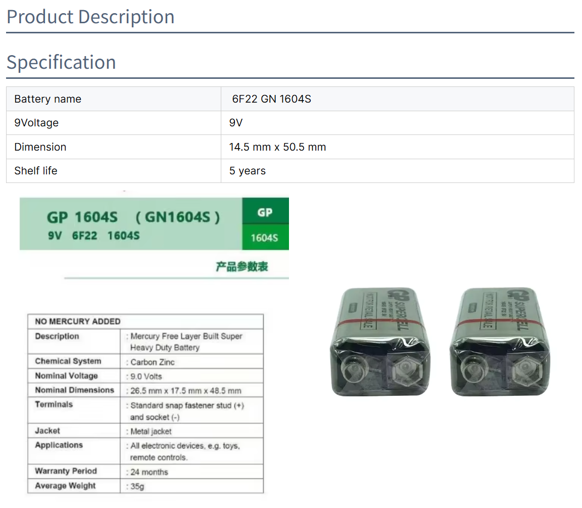 GP Carbon Zinc Dry 9V Alkaline 6f22 1604S Primary Batteries for Camera Home Appliances Consumer Electronics Power Tools
