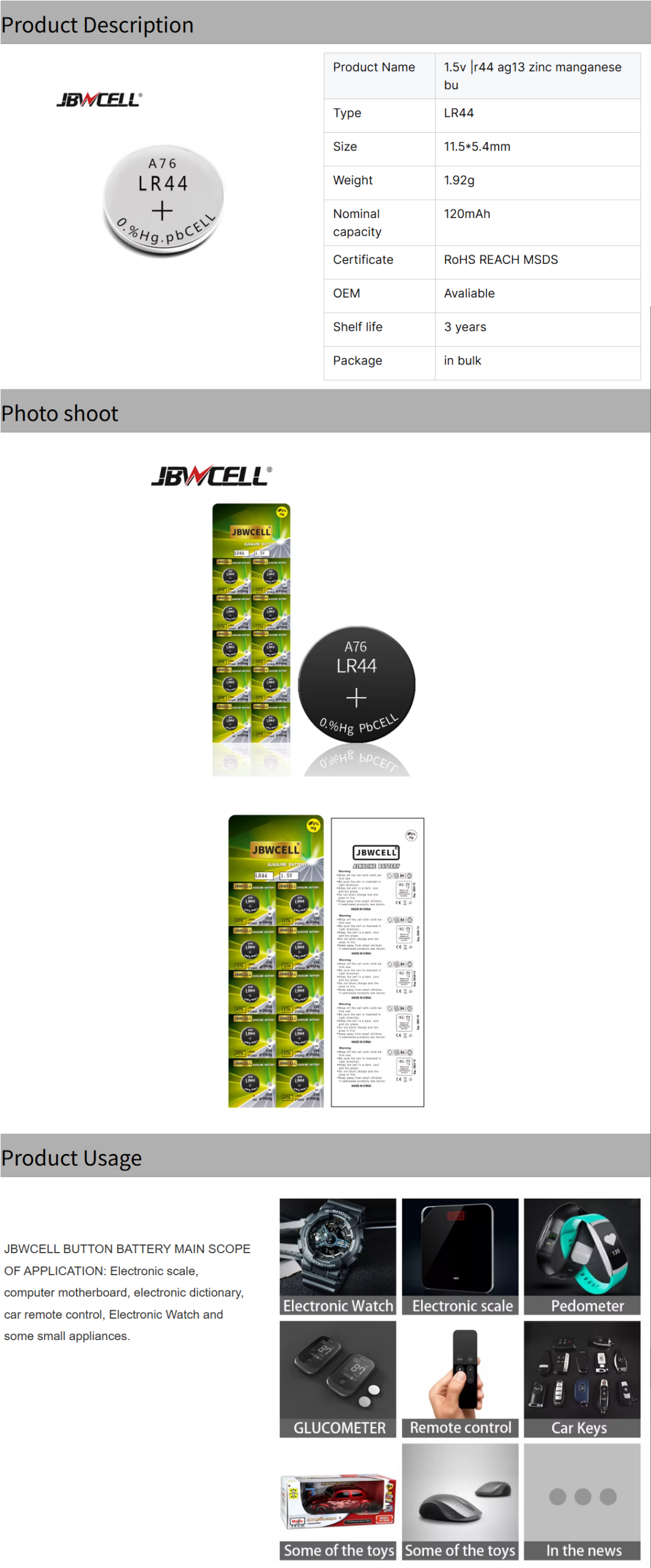 1.5v Lr44 AG13 Zinc Manganese Button Cell Battery A76
