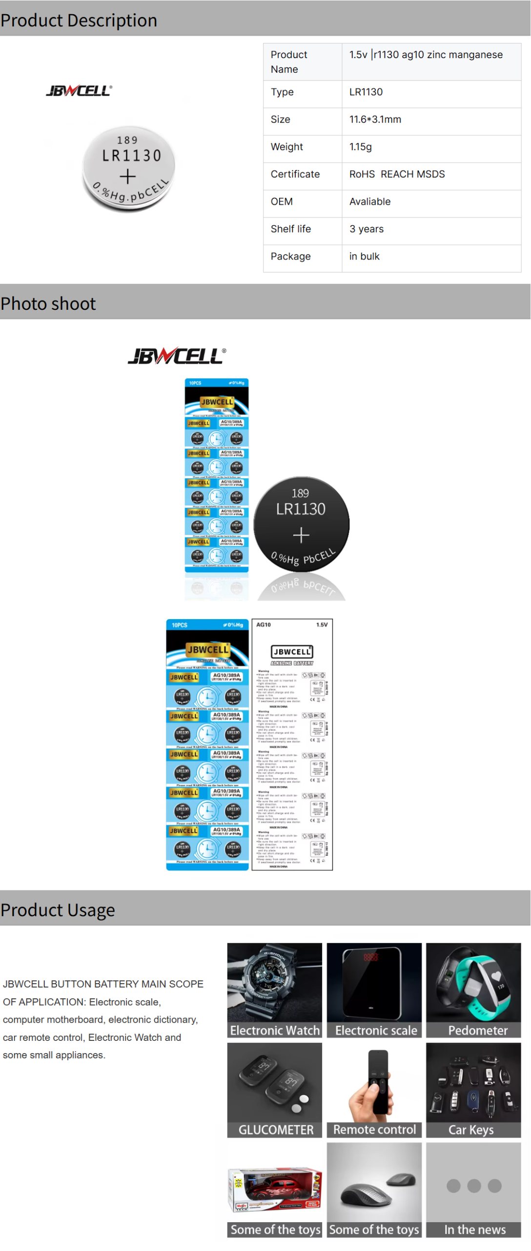 1.5v Lr1130 Ag10 Zinc Manganese Button Cell Battery
