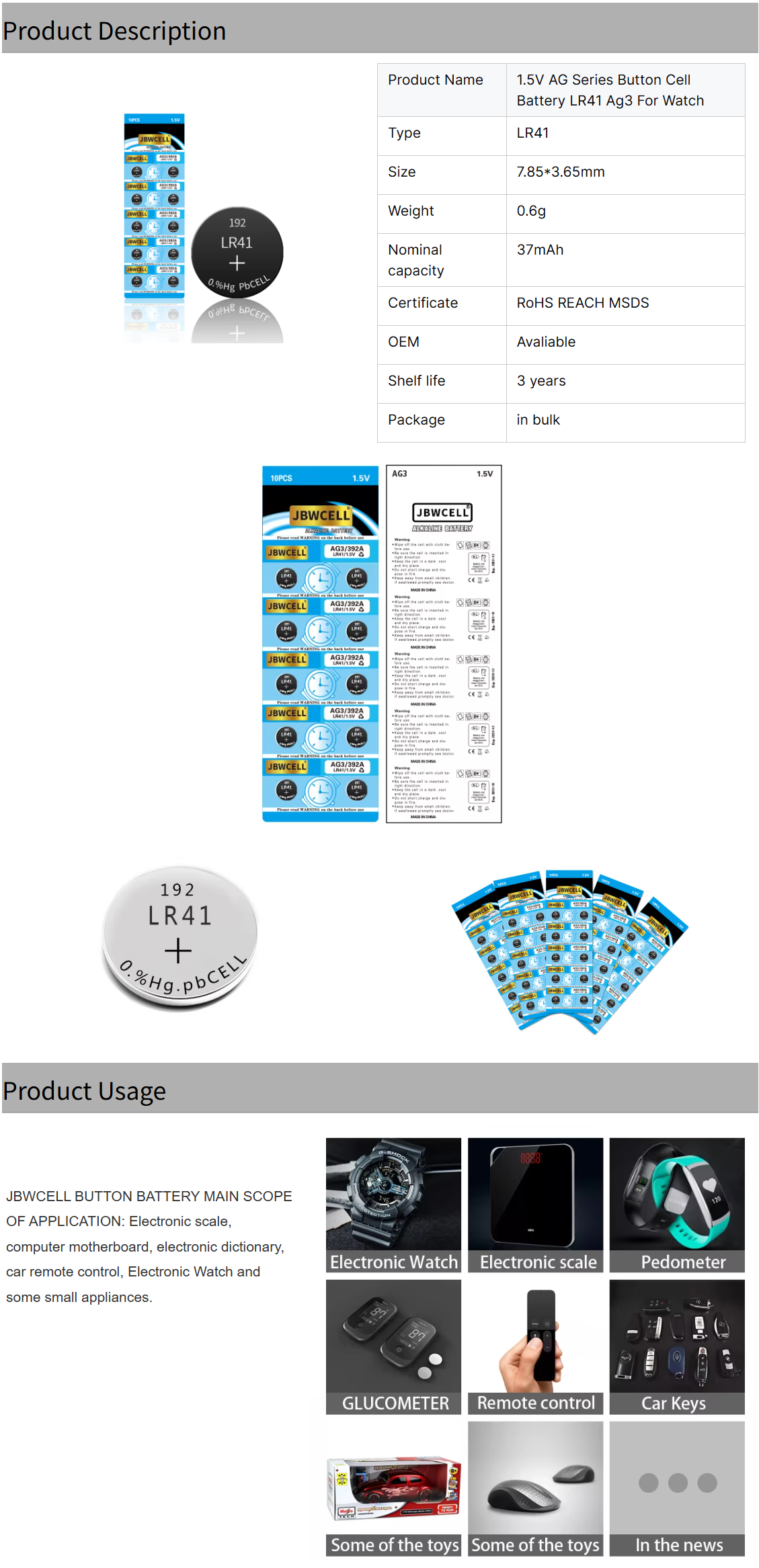 1.5V AG Series Button Cell Battery LR41 Ag3 for Thermometer
