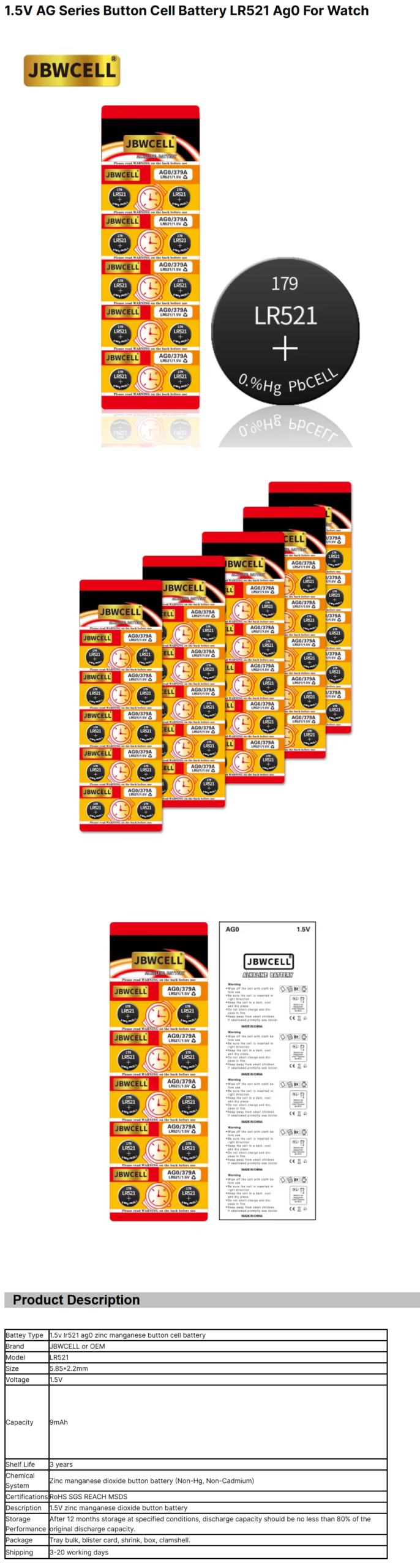 1.5V AG Series Button Cell Battery LR521 Ag0 for Watch