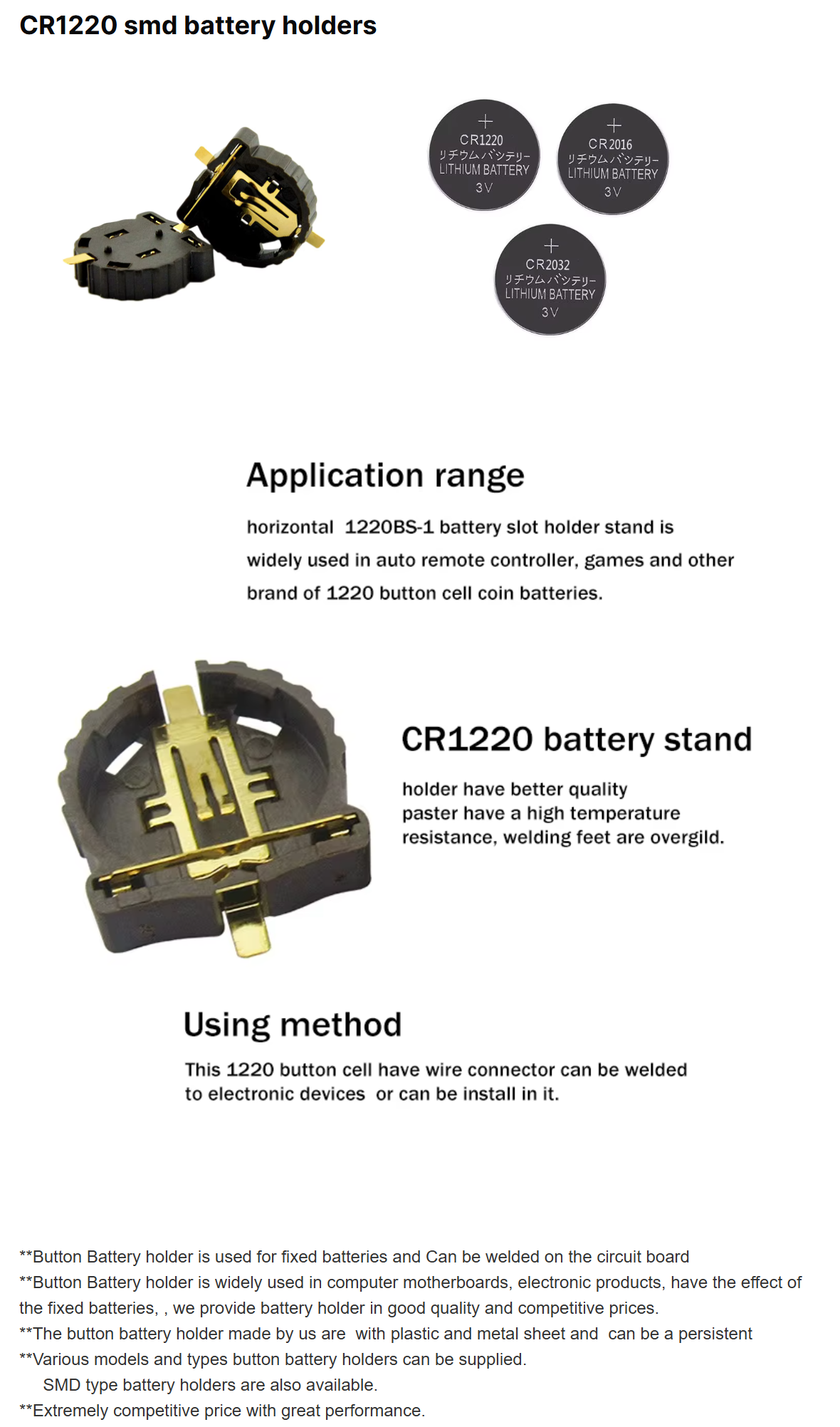 CR1220 SMD Battery Holders Accessory for Power Devices
