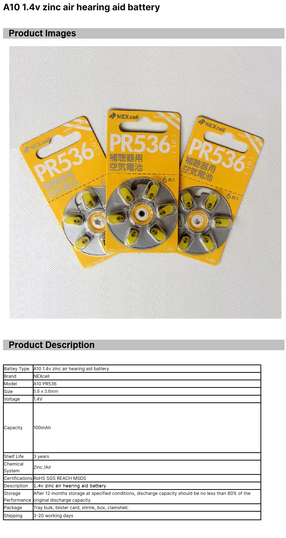 Hearing Aid Batteries A10 1.4v Zinc Battery
